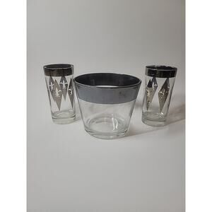 Vintage 1960's Dorothy Thorpe MCM Ice Bucket Silver Rim And Glasses